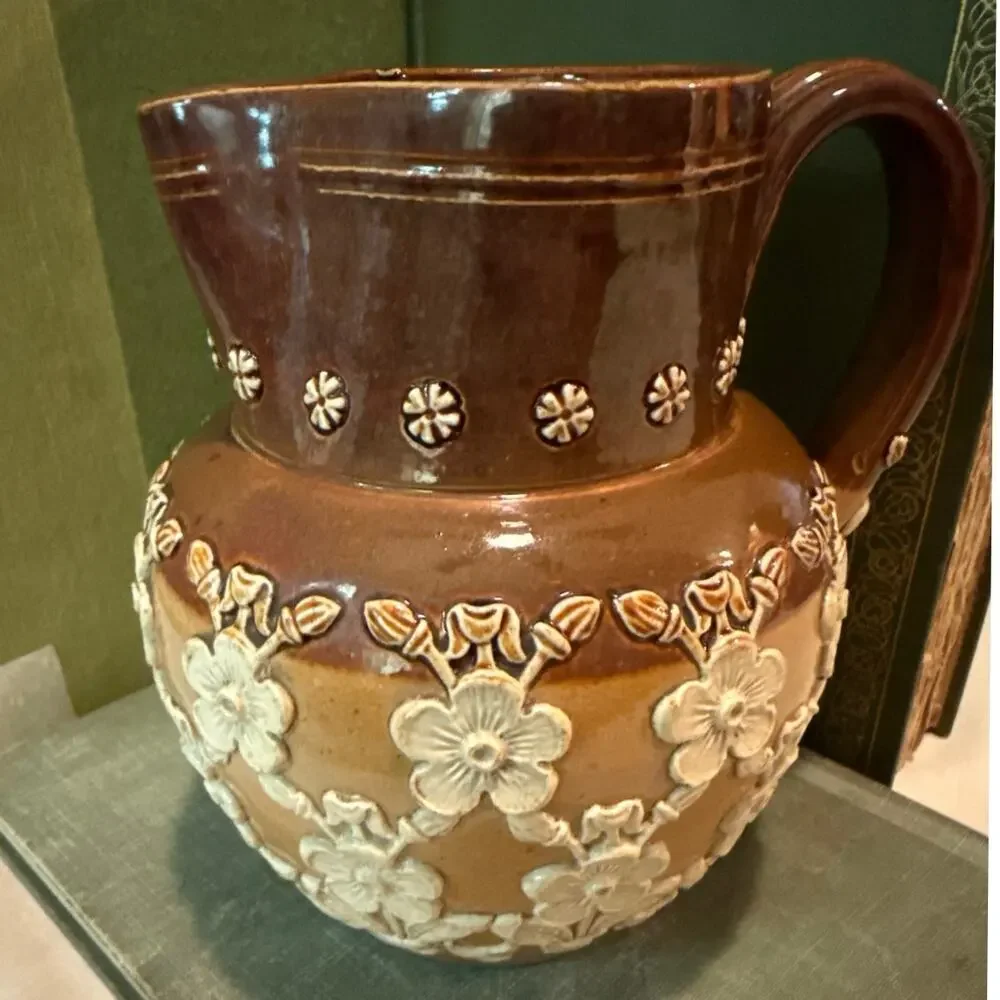 Doulton Lambeth Stoneware Pitcher – c. 1880–1900 – Raised Floral Relief – 5.5”